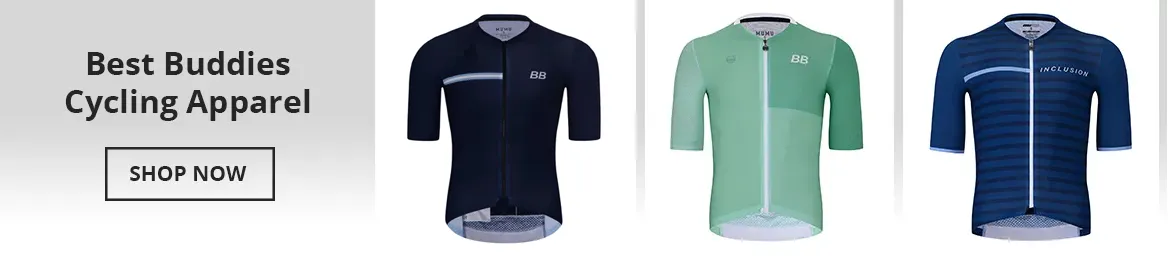 Best Buddies Cycling Apparel banner featuring three cycling jerseys in navy, mint green, and striped navy with 'INCLUSION' text, alongside a 'Shop Now' button.