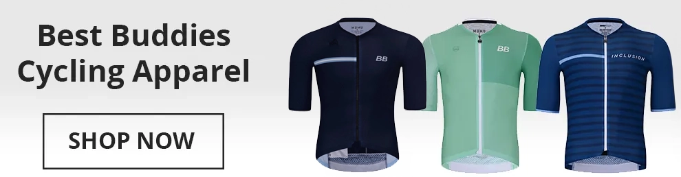 Best Buddies Cycling Apparel banner featuring three cycling jerseys in navy, mint green, and striped navy with 'INCLUSION' text, alongside a 'Shop Now' button.